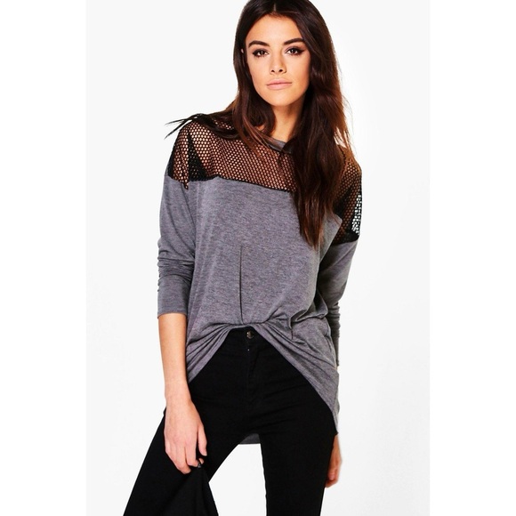 Boohoo Tops - NWT Boohoo Fishnet Mesh Long Sleeve  Jersey T-Shirt Charcoal Grey Festival Rodeo